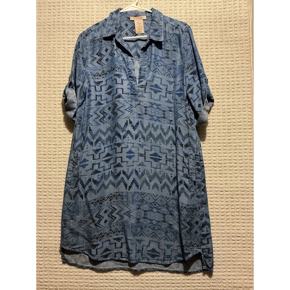 Philosophy Women's Shift Dress Blues Aztec Print M Rodeo Cowgirl Western
